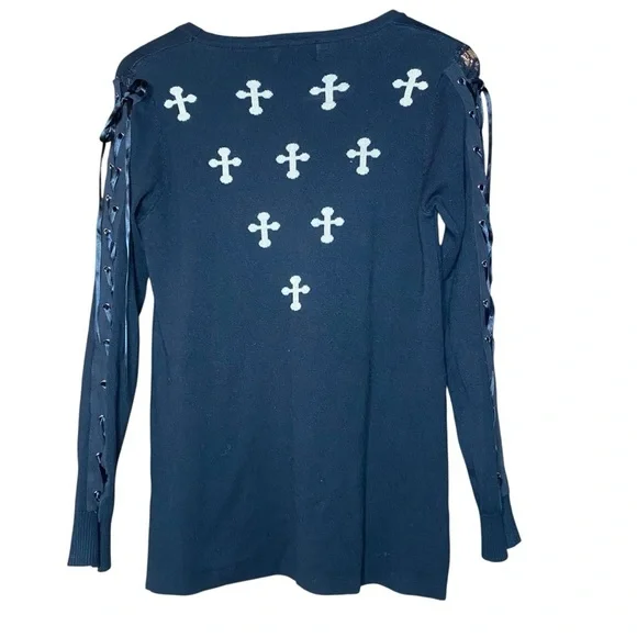 Banned Apparel Mexican Sugar Skull/Cross Knit Sweater,Lace-up Corset Sleeve-SZ-S - Picture 2 of 6